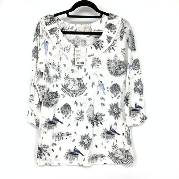 Anthropologie Postmark 3/4 Sleeve Graphic T-Shirt Womens M Woodland Creatures - Picture 1 of 7